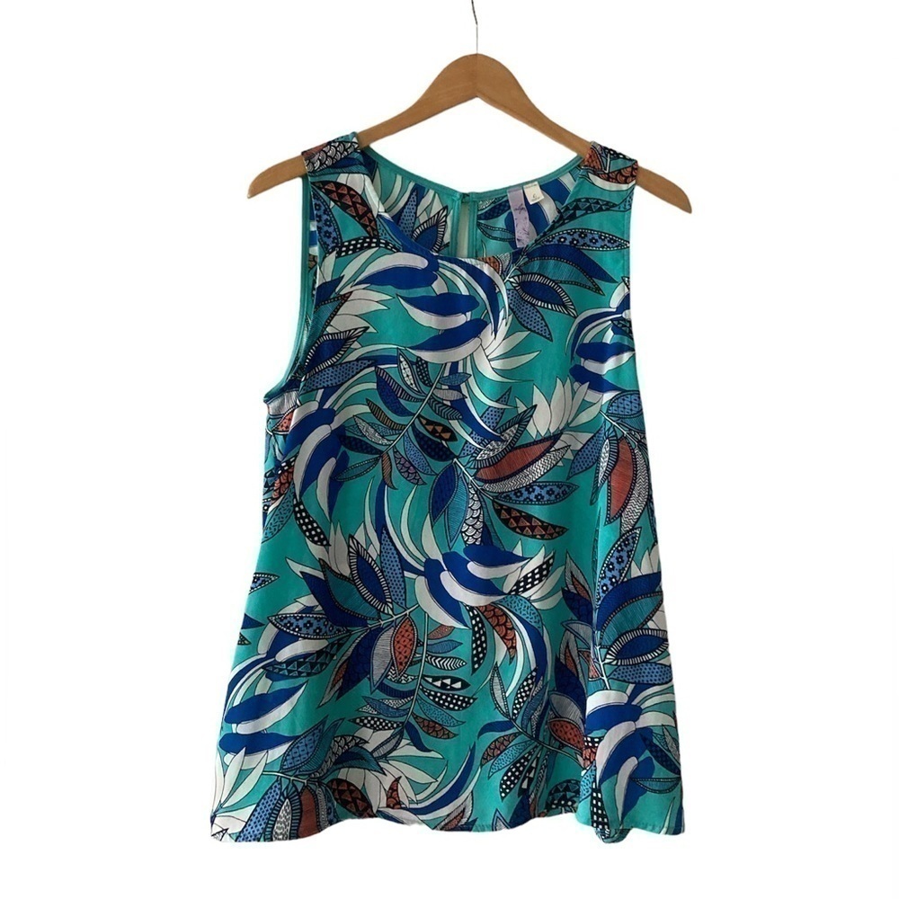 Alya large blouse sleeveless floral leaves blue green white